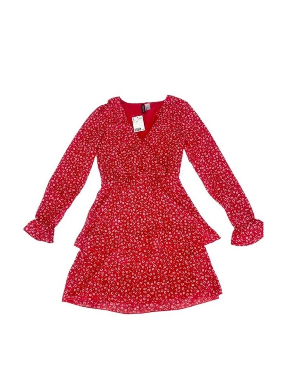 H&M Divided Red Floral Long-Sleeve Tiered Mini Dress XXS NWT - Picture 9 of 13